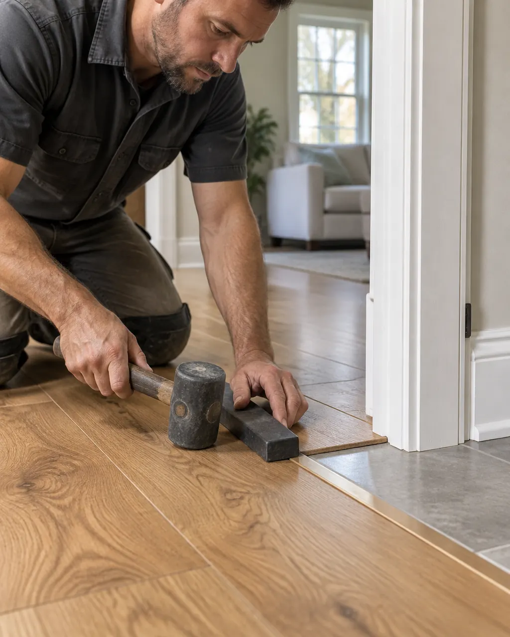 Renova flooring installer completing a detailed floor installation